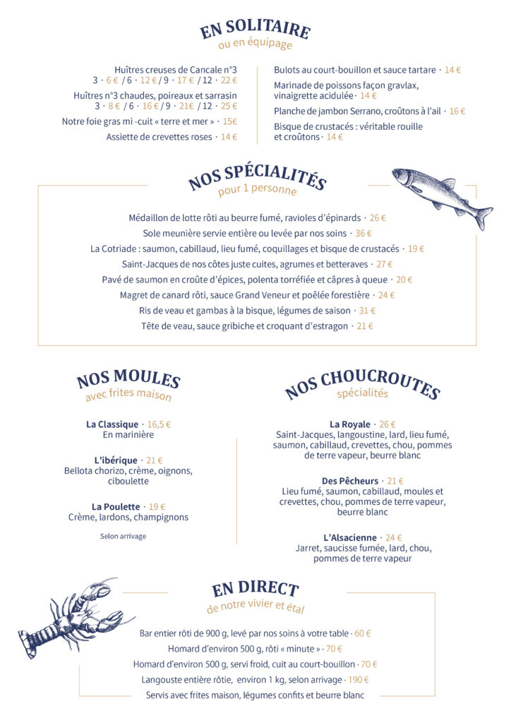 Carte restaurant Les Pêcheurs fruits de mer poissons Rennes